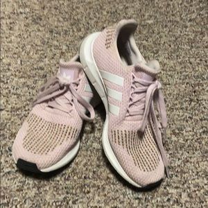 Adidas running shoes. Pink w/t green multi-design.